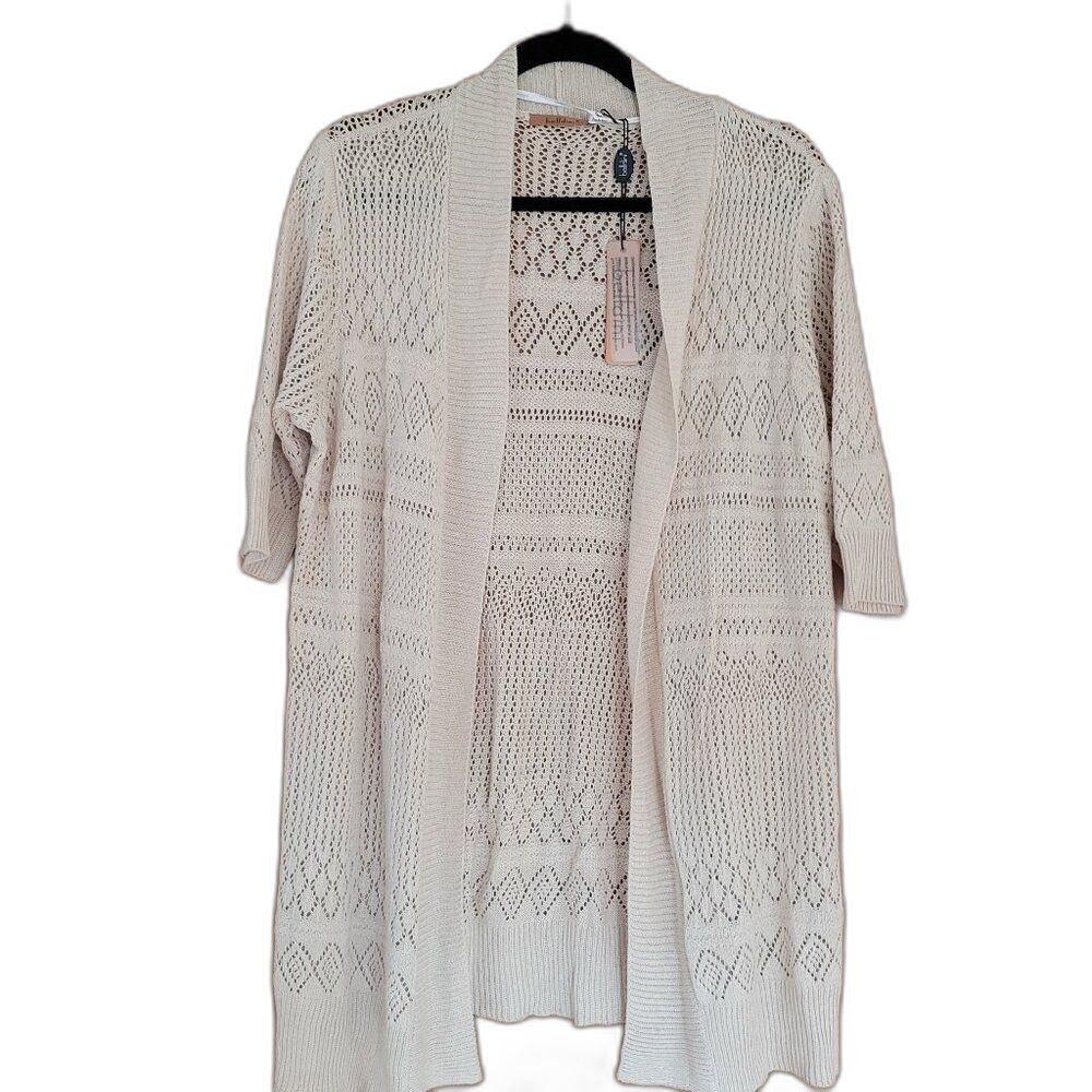 Belldini Open Weave Cardigan XL Cream Beige Pointelle Knit Lightweight Layer NWT - Picture 2 of 10